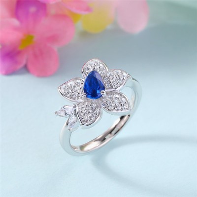 Pear Cut Blue Sapphire 925 Sterling Silver Flower Cocktail Ring