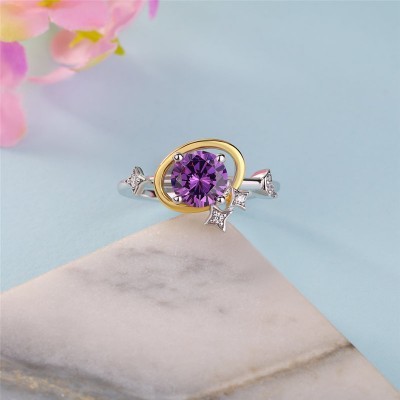 Round Cut Amethyst 925 Sterling Silver Two Tone Moon and Star Ring