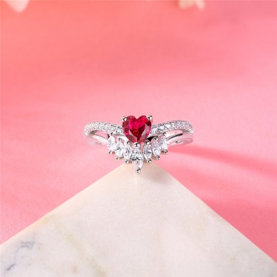 Heart Cut Ruby 925 Sterling Silver Curved Engagement Ring