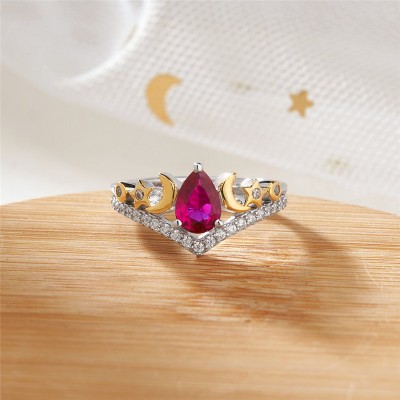 Pear Cut Ruby 925 Sterling Silver Moon and Star Two Tone Engagement Ring