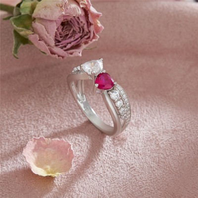 Heart Cut Ruby and White Sapphire 925 Sterling Silver Toi et Moi Promise Ring