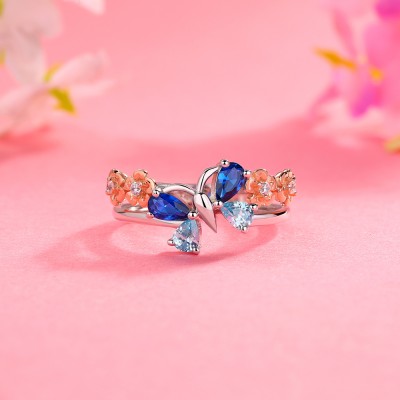 Blue Sapphire and Aquamarine Butterfly 925 Sterling Silver Two Tone Flower Ring