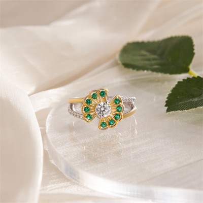 Round Cut White Sapphire 925 Sterling Silver Two Tone Flower Engagement Ring