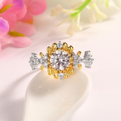 Round Cut White Sapphire 925 Sterling Silver Two Tone Flower Engagement Ring