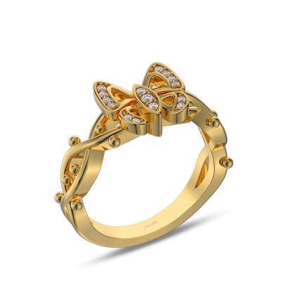 Yellow Gold White Sapphire 925 Sterling Silver Butterfly Twisted Promise Ring