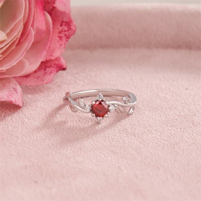 Round Cut Ruby 925 Sterling Silver Leaf Engagement Ring