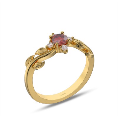 Yellow Gold Round Cut Ruby 925 Sterling Silver Leaf Engagement Ring