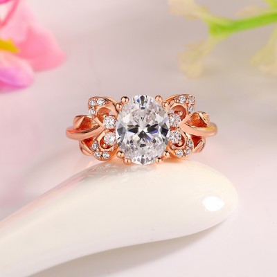 Rose Gold Oval Cut White Sapphire 925 Sterling Silver Butterfly Ring