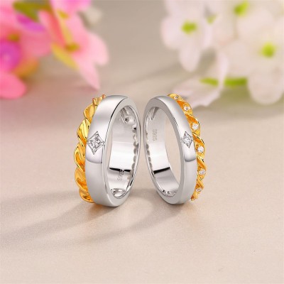 Matching White Sapphire 925 Sterling Silver Two Tone Twisted Couple Rings