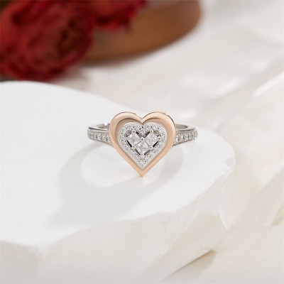 Heart Shape White Sapphire 925 Sterling Silver Two Tone Promise Ring 