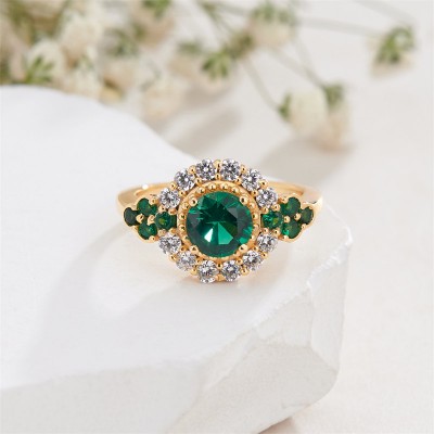 Yellow Gold Vintage Round Cut Emerald 925 Sterling Silver Halo Engagement Ring