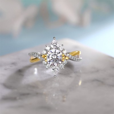 Round Cut White Sapphire 925 Sterling Silver Two Tone Twisted Engagement Ring