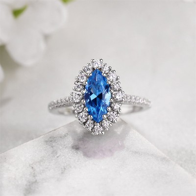 Marquise Cut Aquamarine 925 Sterling Silver Halo Engagement Ring