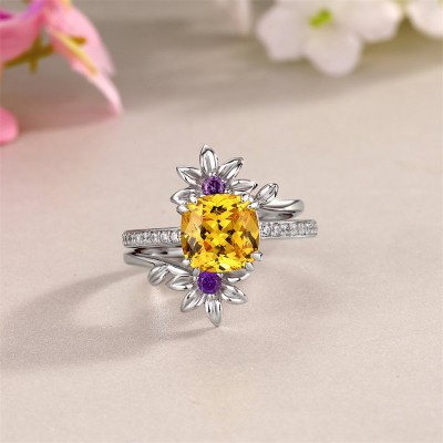Cushion Cut Yellow Topaz 925 Sterling Silver Insert Flower Bridal Sets