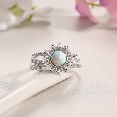 Round Cut Opal 925 Sterling Silver Butterfly Sunflower Ring