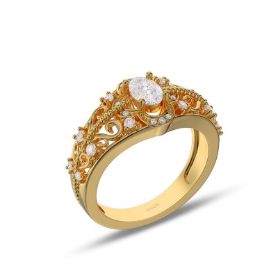 Yellow Gold Art Deco Oval Cut White Sapphire 925 Sterling Silver Engagement Ring