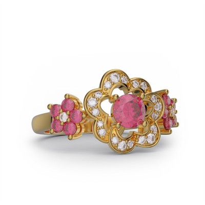 Yellow Gold Round Cut Ruby 925 Sterling Silver Flower Ring