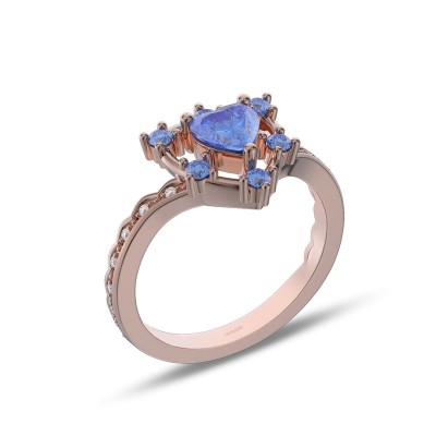 Rose Gold Heart Cut Blue Sapphire 925 Sterling Silver Promise Ring