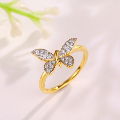 Yellow Gold Round Cut White Sapphire 925 Sterling Silver Butterfly Ring