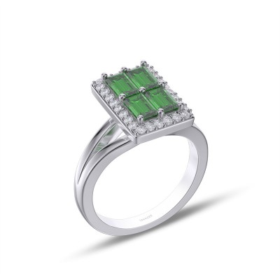 Emerald Cut Emerald 925 Sterling Silver Halo Cluster Engagement Ring