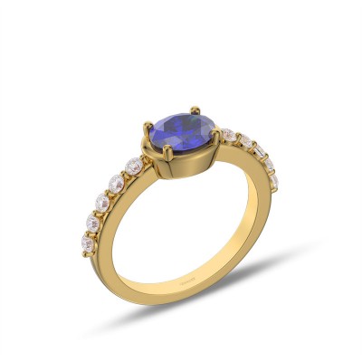 Yellow Gold Oval Cut Blue Sapphire 925 Sterling Silver Engagement Ring