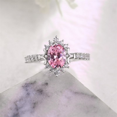 Oval Cut Pink Sapphire 925 Sterling Silver Halo Engagement Ring
