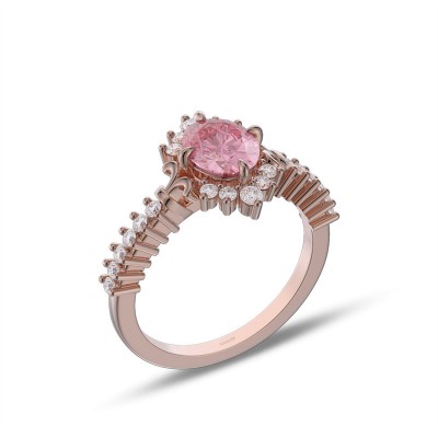 Rose Gold Oval Cut Pink Sapphire 925 Sterling Silver Halo Engagement Ring