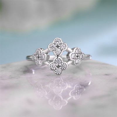 Round Cut White Sapphire 925 Sterling Silver Four Clover Ring