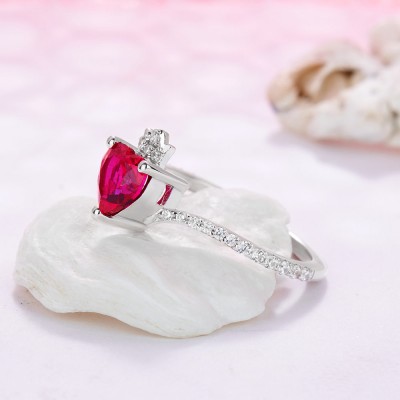Heart Cut Ruby 925 Sterling Silver Crown Promise Ring