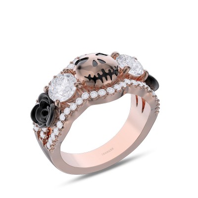 Rose Gold Halloween White Sapphire 925 Sterling Silver Floral Skull Ring