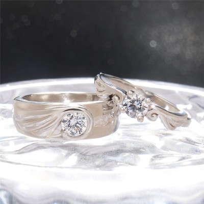 Round Cut White Sapphire 925 Sterling Silver Angel Wing Couple Rings