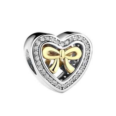 Heart Golden Bowknot Charm Sterling Silver