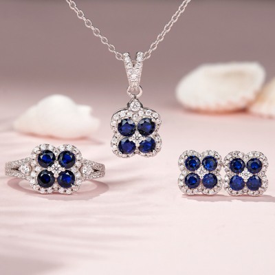 Round Blue Sapphire Clover Sterling Silver Jewelry Sets