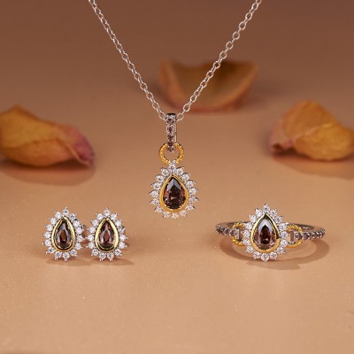 Pear Chocolate Yellow Gold Two Tone Sterling Silver Halo Jewelry Sets