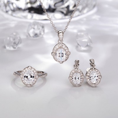Vintage Oval White Sapphire Sterling Silver Jewelry Sets