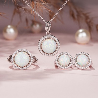 Opal "Full Moon"  Halo Sterling Silver Jewelry Sets