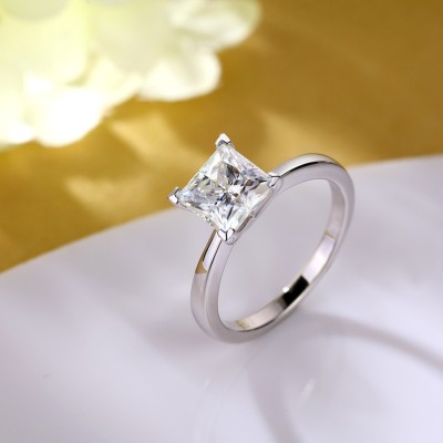 Classic Princess Cut Moissanite Solitaire Sterling Silver Engagement Ring