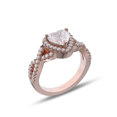 Rose Gold Heart Cut Moissanite Sterling Silver Twisted Halo Engagement Ring