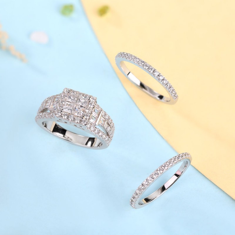 Princess Cut White Sapphire Sterling Silver Halo 3 Pieces Bridal Sets