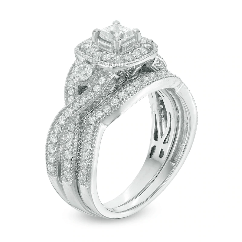 Princess cut white sapphire 925 sterling silver twisted halo shop engagement ring