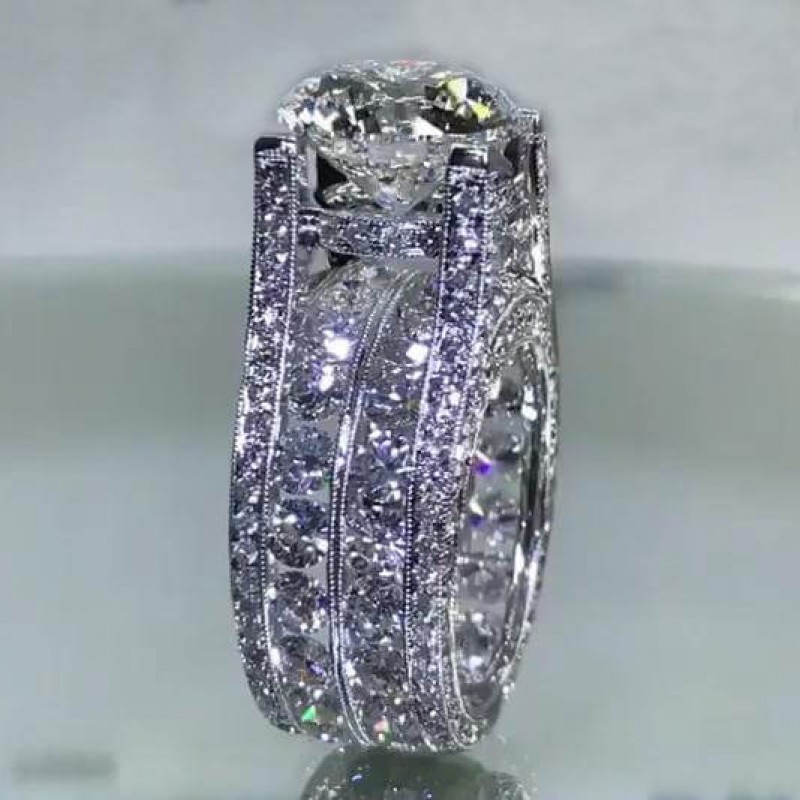 HALEINE ♥ CIRCLE TEXTURE RING WHITE SILVER /追跡付 Round Cut White Sapphire Sterling Silver Halo Engagement