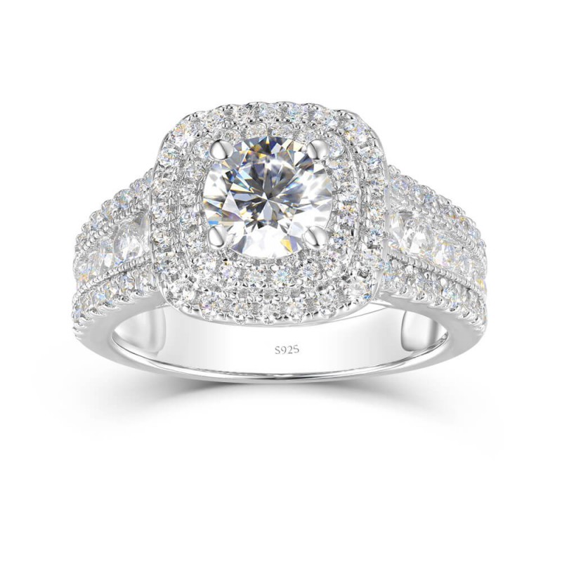 Round Cut White Sapphire Sterling Silver Double Halo Engagement Ring Joancee Jewelry