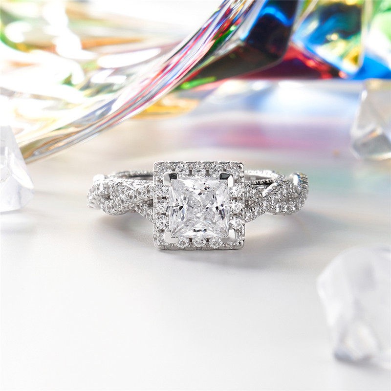 Princess cut white sapphire 925 sterling silver twisted halo engagement ring sale