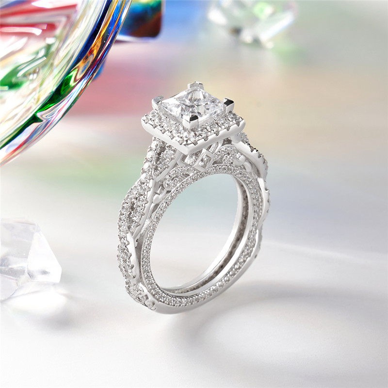 Princess cut white sapphire 925 sterling silver twisted halo engagement ring sale