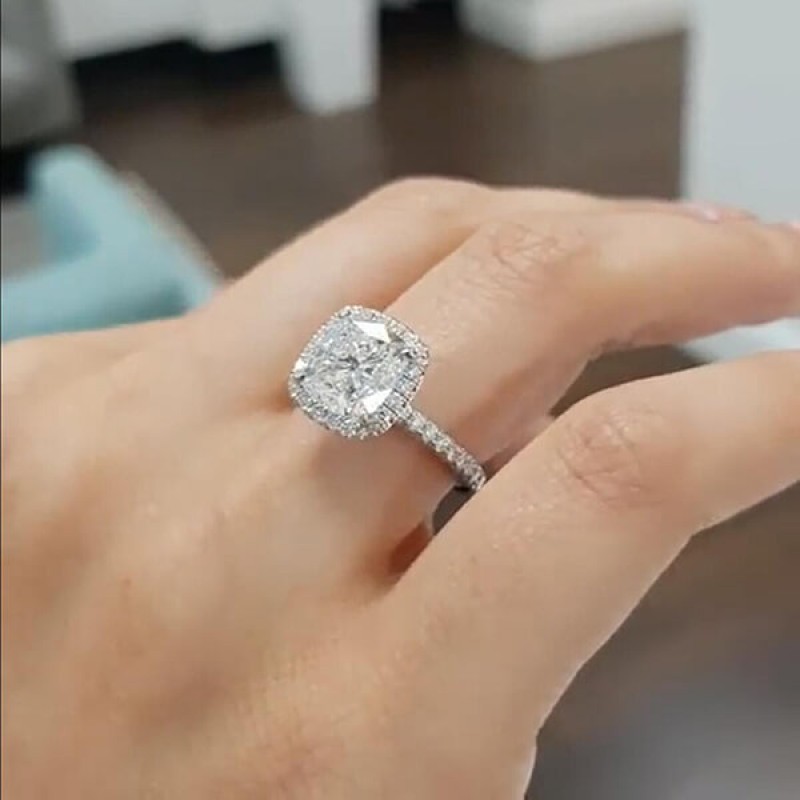 Cushion Cut White Sapphire 925 Sterling Silver Halo Engagement Ring Joancee Jewelry