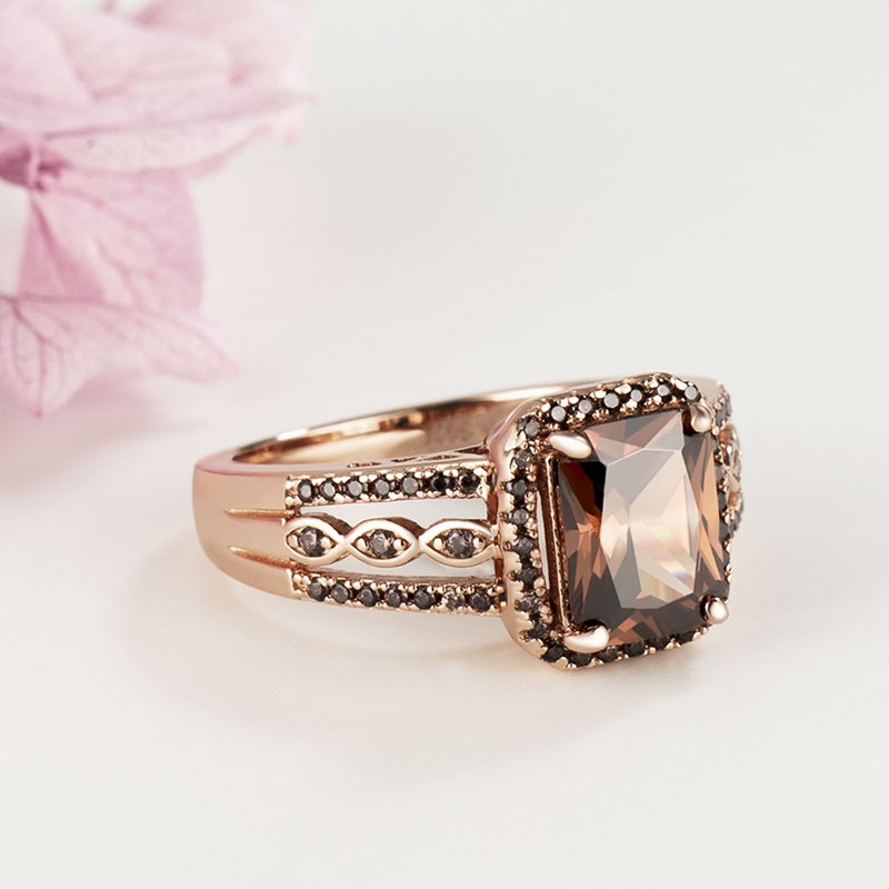 Rose Gold Emerald Cut Chocolate Sterling Silver Halo Engagement