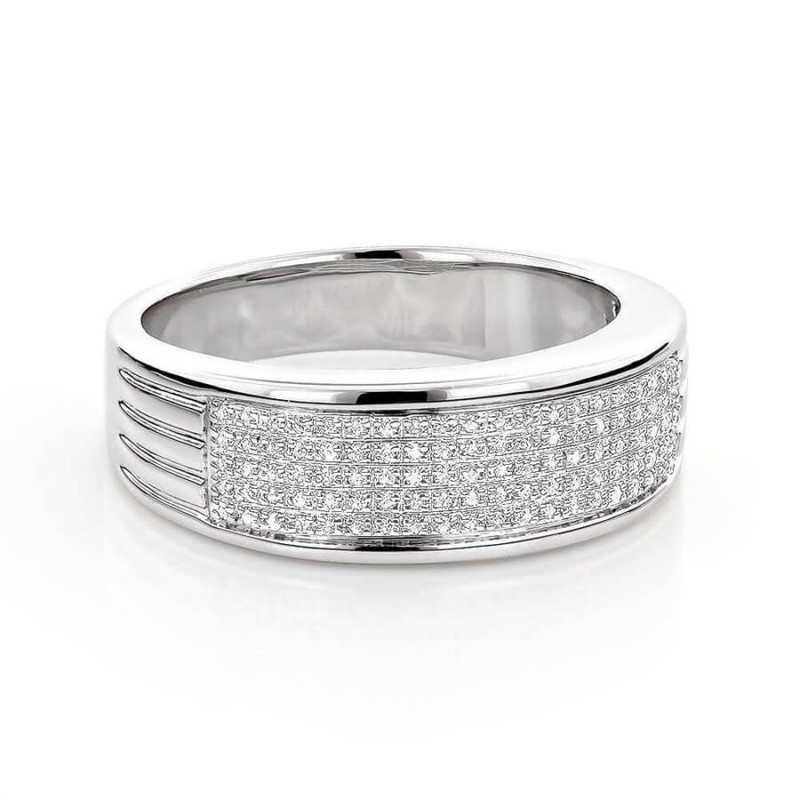 Round Cut White Sapphire Sterling Silver Pave Men s Wedding Band